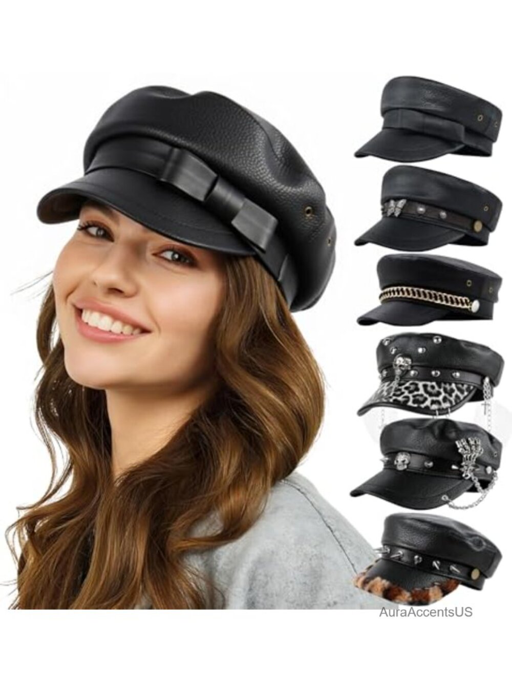 PU Leather Newsboy Cap Flat Top Punk Rock Y2K Hat